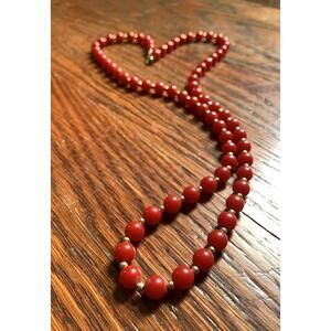 Vintage MONET Red Bead Gold Accent Classic Gold tone Clasp Necklace Signed 14”